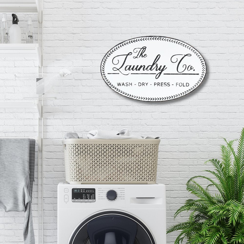 14" X 22" White And Dark Gray The Laundry Co Metal Oval Wall Decor
