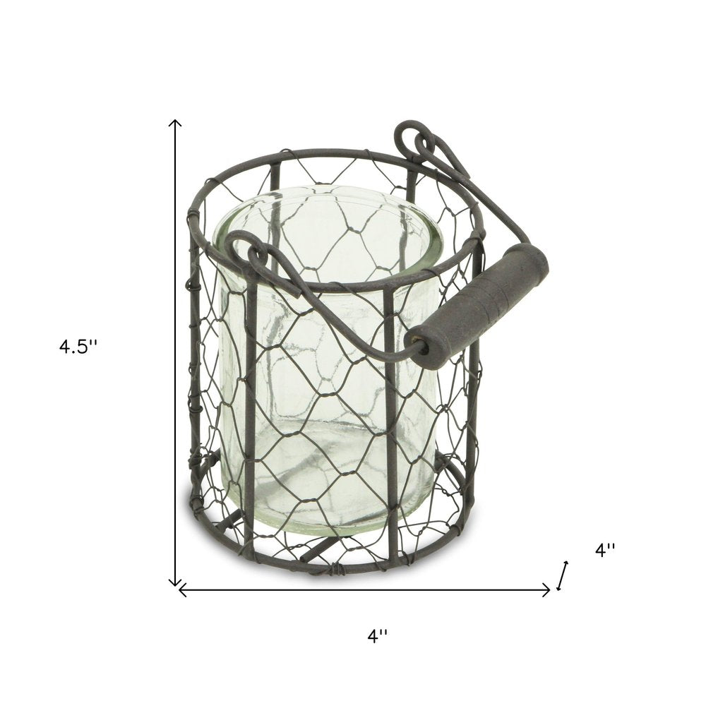 5" Clear and Brown Metal Tabletop Lantern Candle Holder