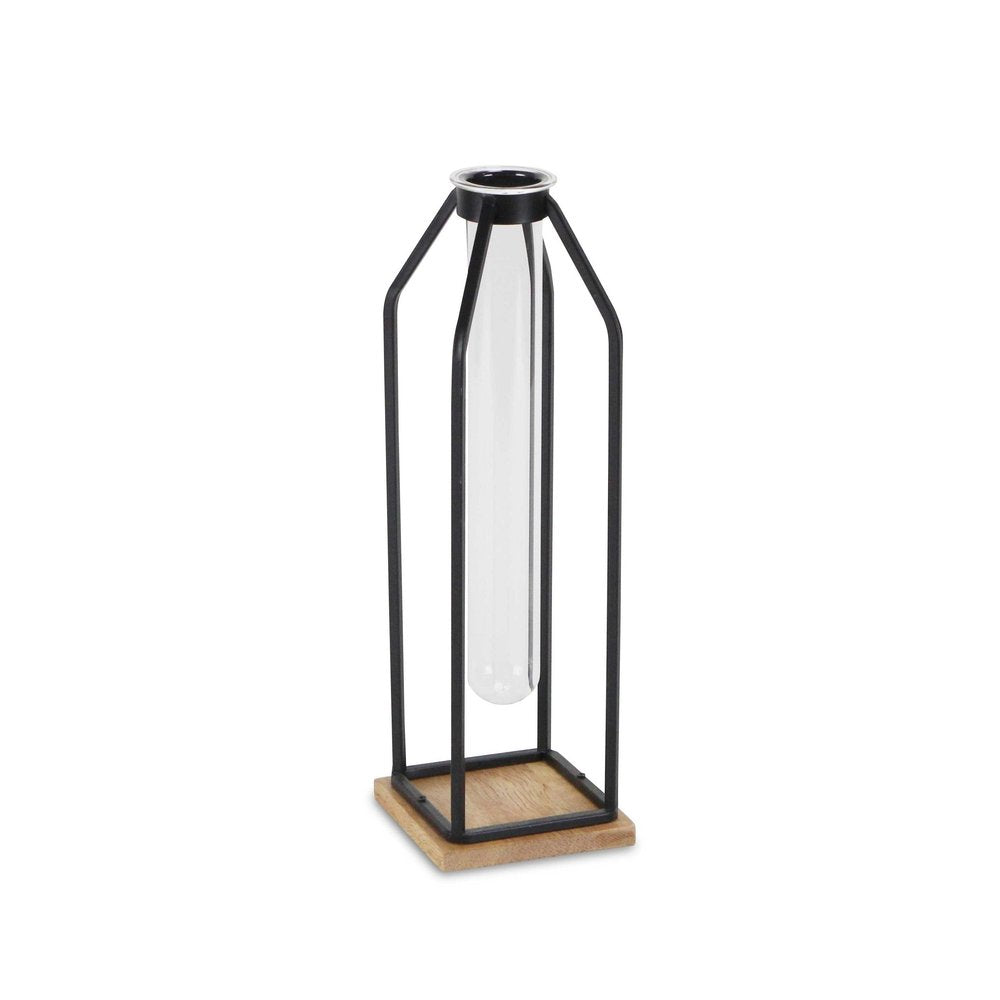 12" Black Clear And Natural Metal Glass And Wood Posy Test Tube Table Vase