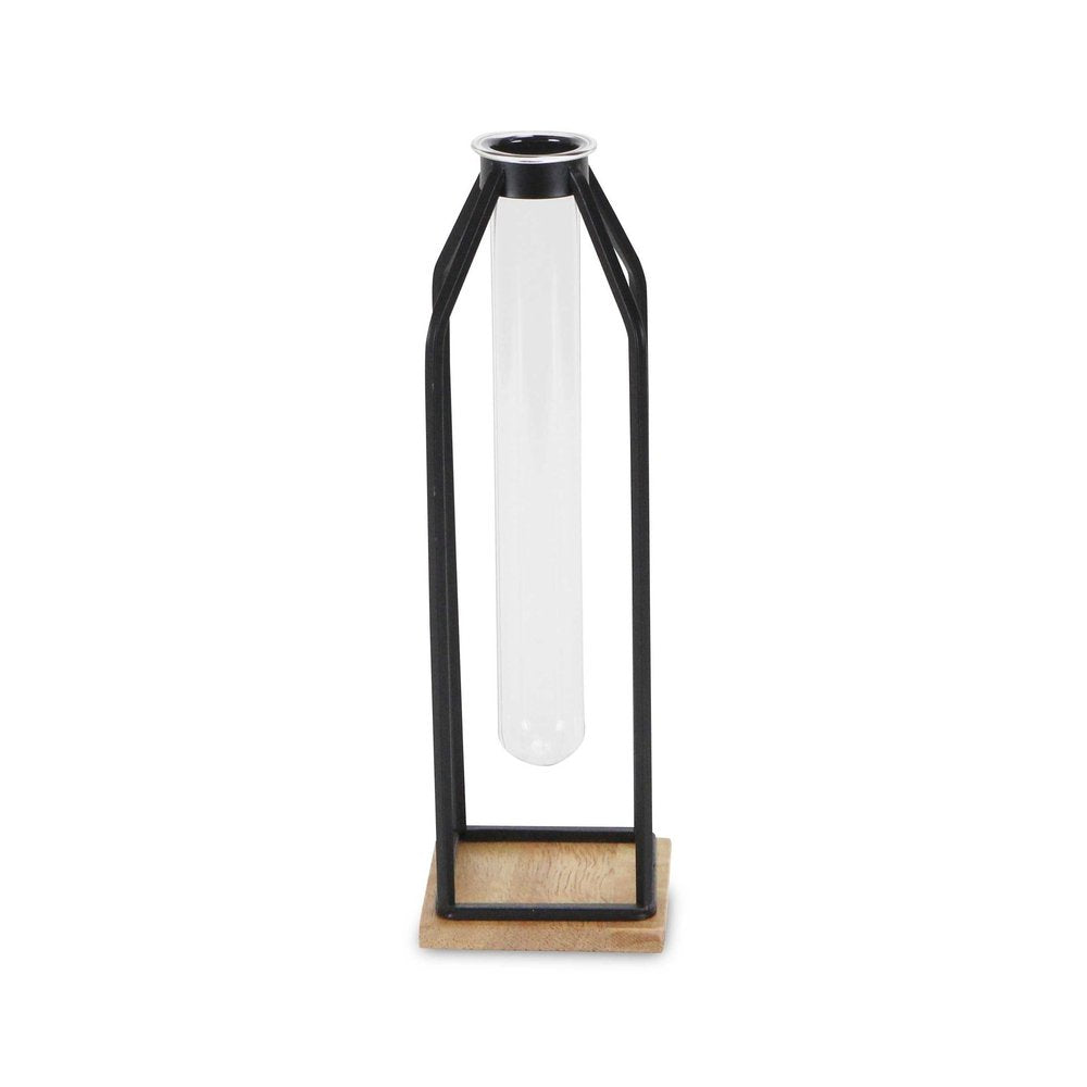 12" Black Clear And Natural Metal Glass And Wood Posy Test Tube Table Vase