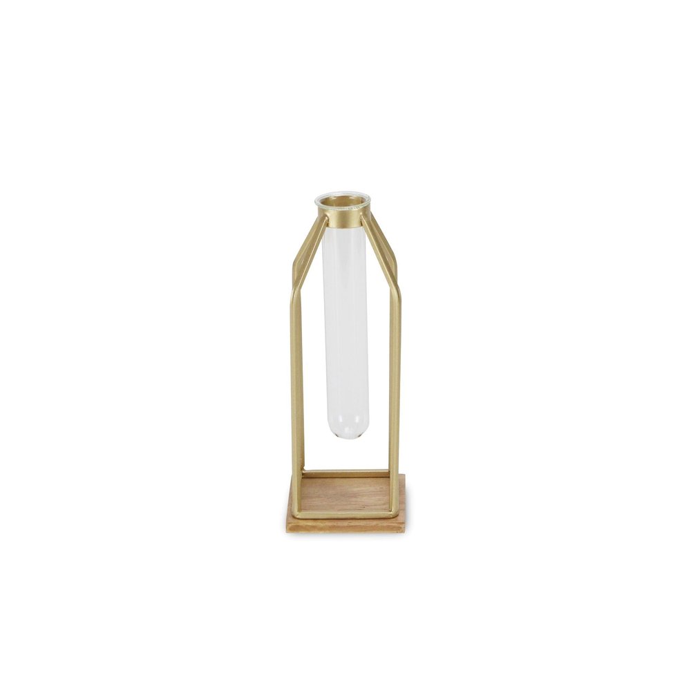 11" Gold Clear And Natural Metal Glass And Wood Test Tube Table Vase