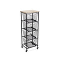41" Black And Natural Metal And Wood Basket Storage Rolling Cabinet