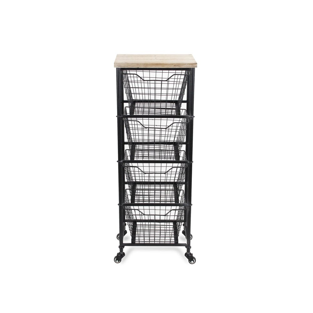 41" Black And Natural Metal And Wood Basket Storage Rolling Cabinet
