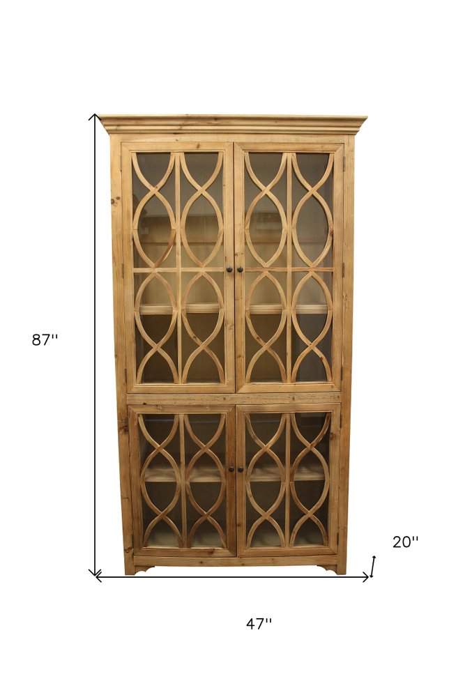 47" Natural Solid Wood Carved Geometric Accent Cabinet With Four Doors