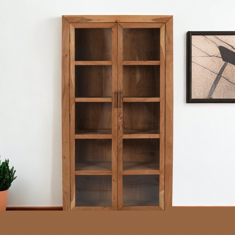 80" Brown Solid Wood Display Stand With Two Doors