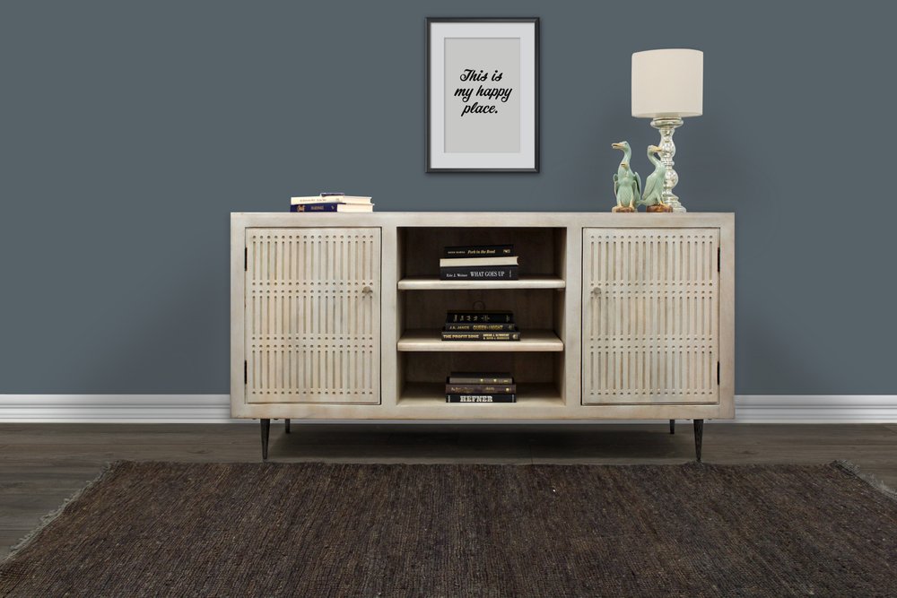 60" Ivory Carved Geometric Distressed Solid Wood Enclosed and Open Storage TV Stand