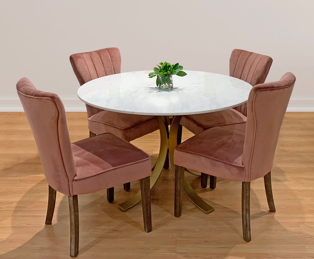 Five Piece Ivory and Gold Round Marble Dining Set with Four Chairs