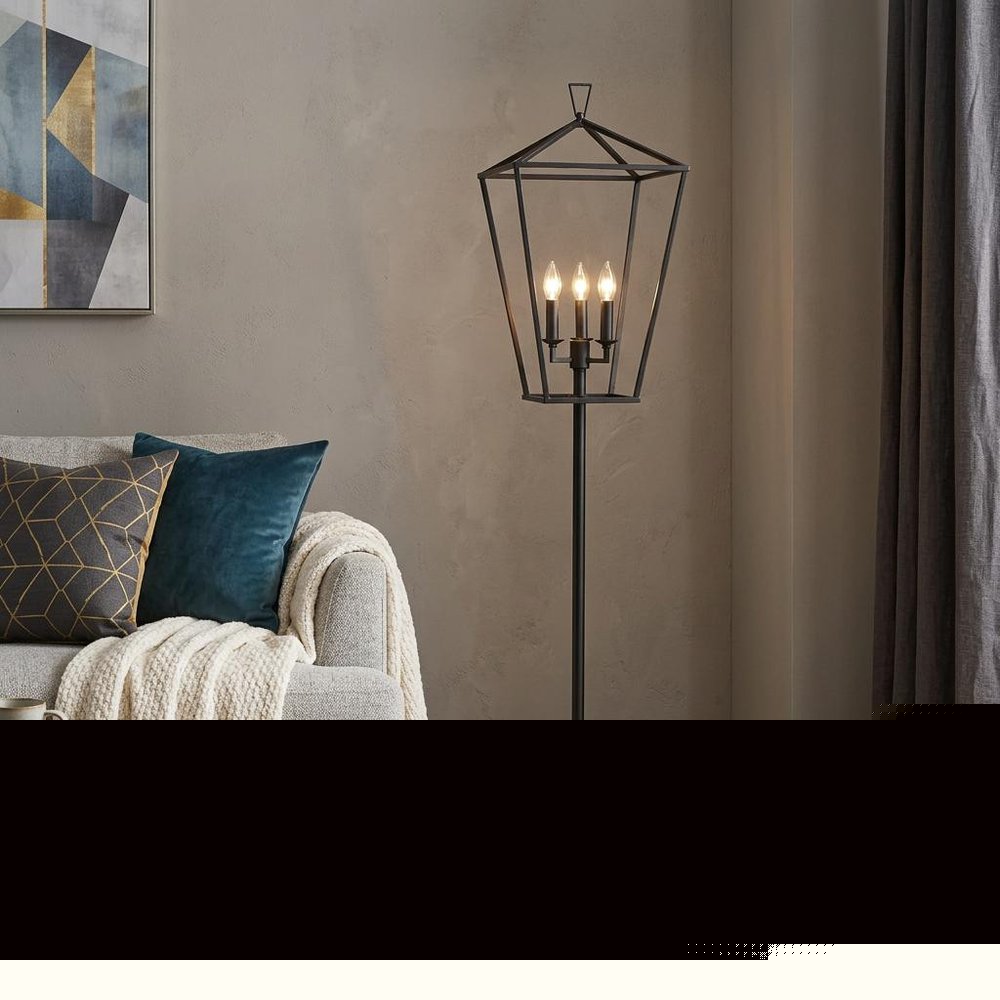 64" Black Three Light Floor Lamp With Black Geometric Shade