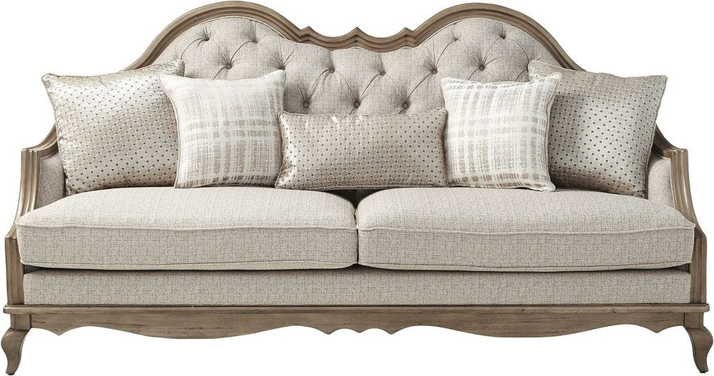 86" Brown And Beige Upholstered Solid Wood Sofa With Toss Pillows