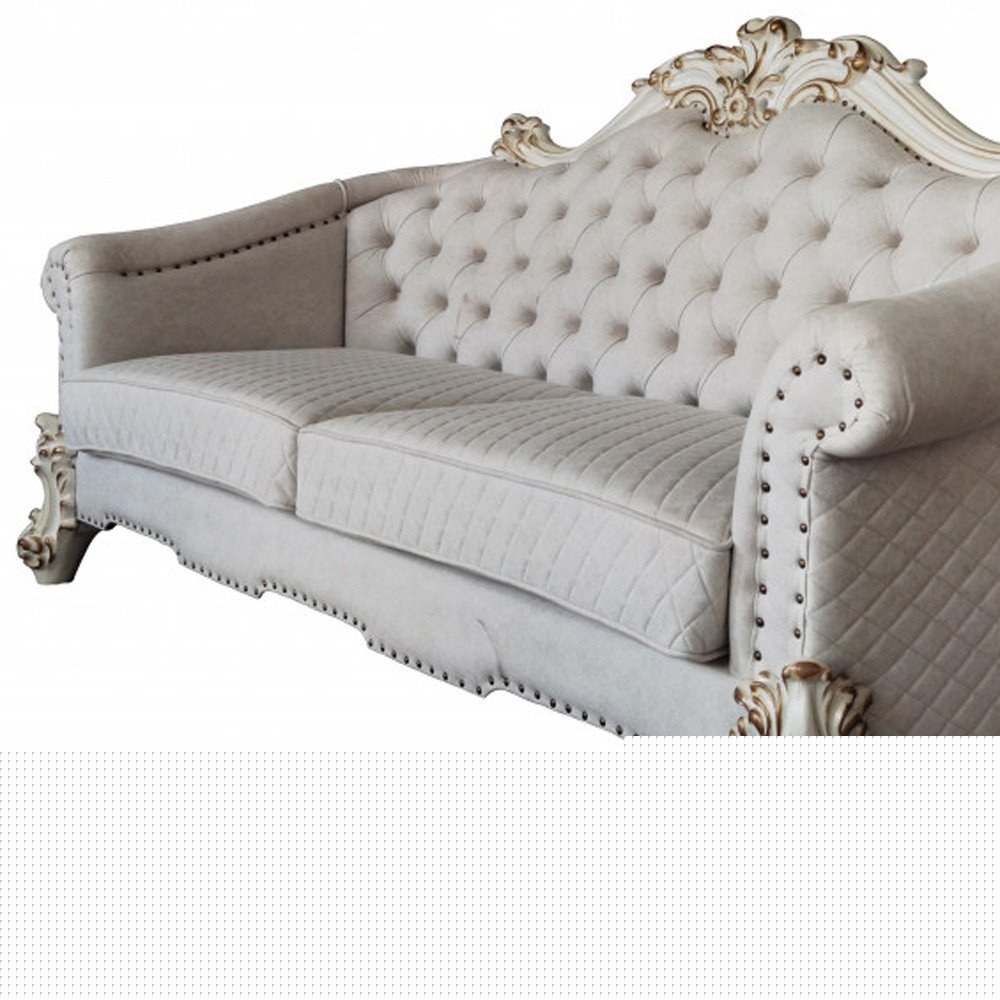 89" Ivory Velvet Sofa And Toss Pillows With Pearl Legs