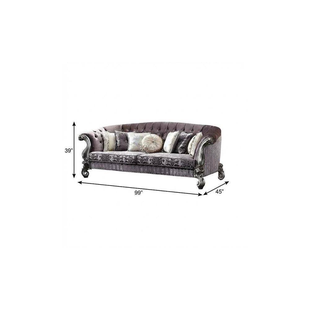 99" Brown Velvet and Solid Wood Curved Sofa With Toss Pillows