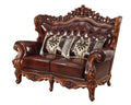 69" Brown And Walnut Top Grain Leather Curved Loveseat and Toss Pillows