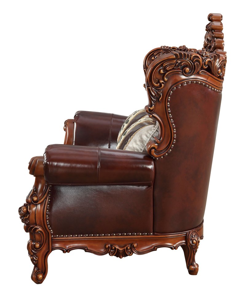 69" Brown And Walnut Top Grain Leather Curved Loveseat and Toss Pillows