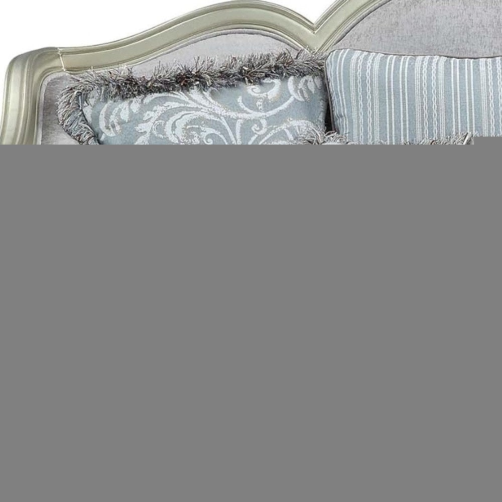 66" Light Gray And Champagne Linen Damask Loveseat and Toss Pillows