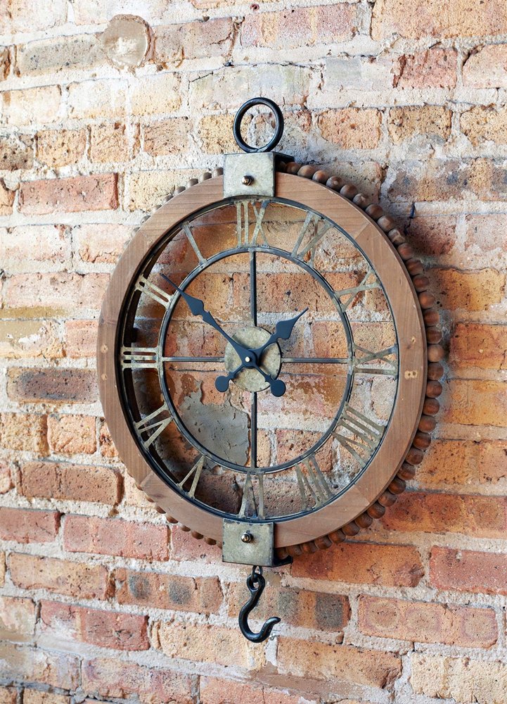 22"  Natural Solid Wood and Metal Analog Round Wall Clock