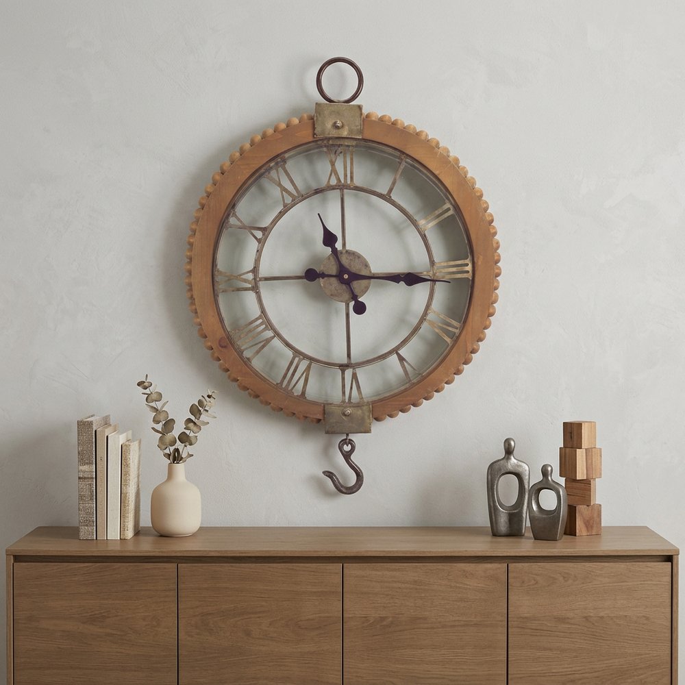 22"  Natural Solid Wood and Metal Analog Round Wall Clock