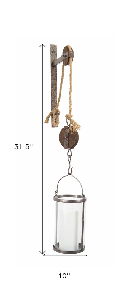 32" Silver Metal And Glass Wall Sconce Candle Holder