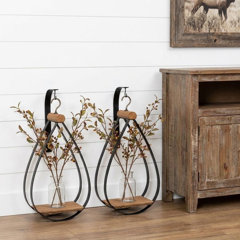 Set of Two Black Brown And Clear Cylinder Glass Metal And Wood Wall Vase