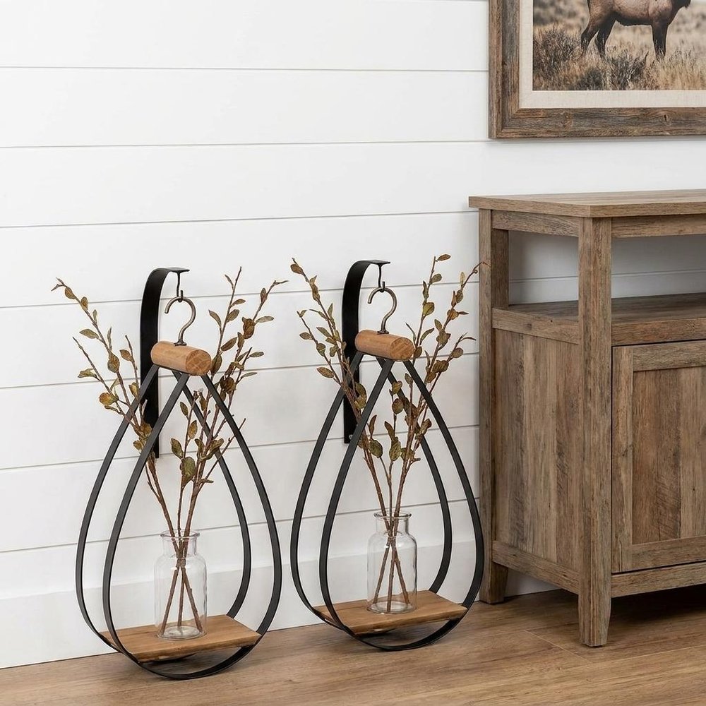 Set of Two Black Brown And Clear Cylinder Glass Metal And Wood Wall Vase