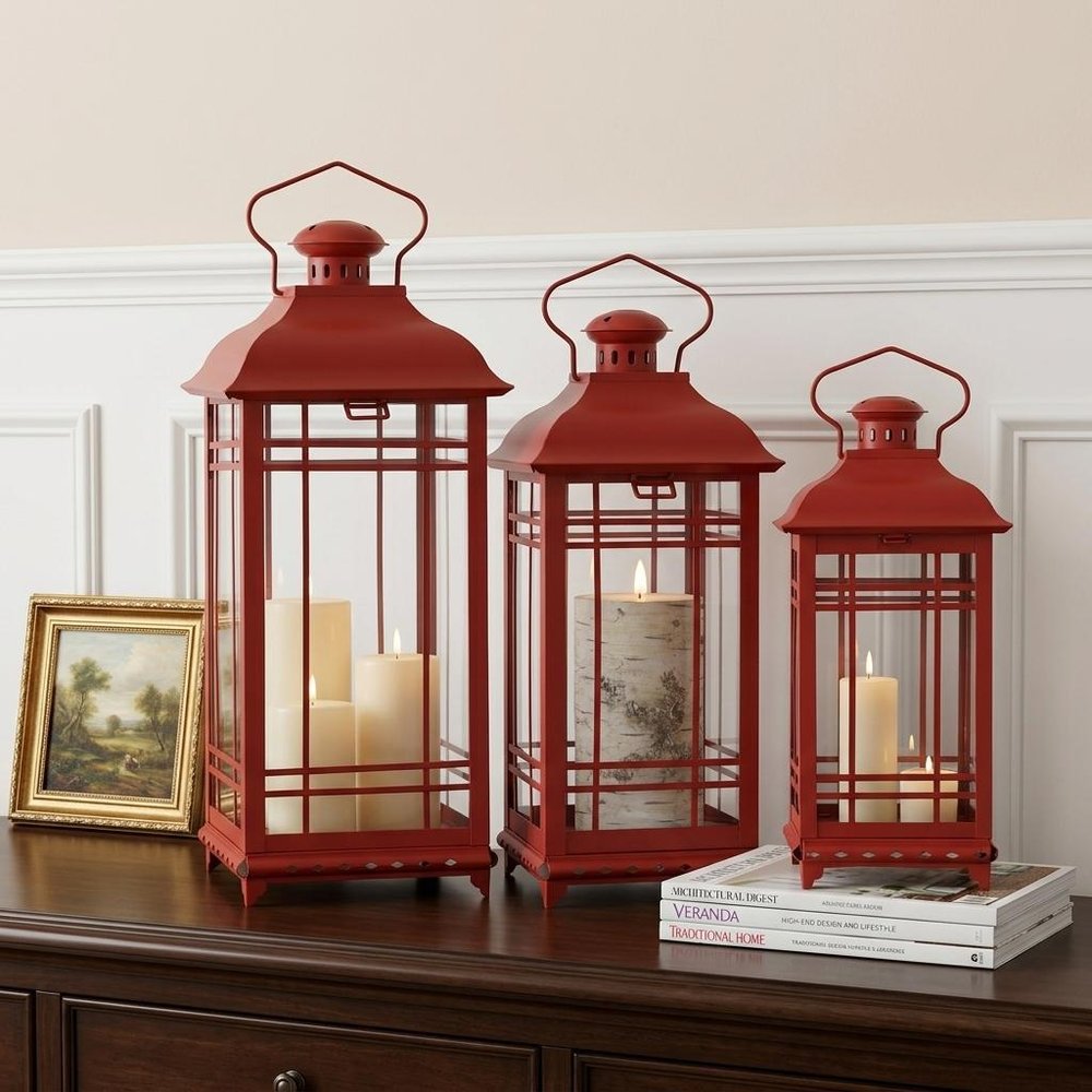 Set of Three Red Geometric Glass And Metal Floor Lantern Candle Holders