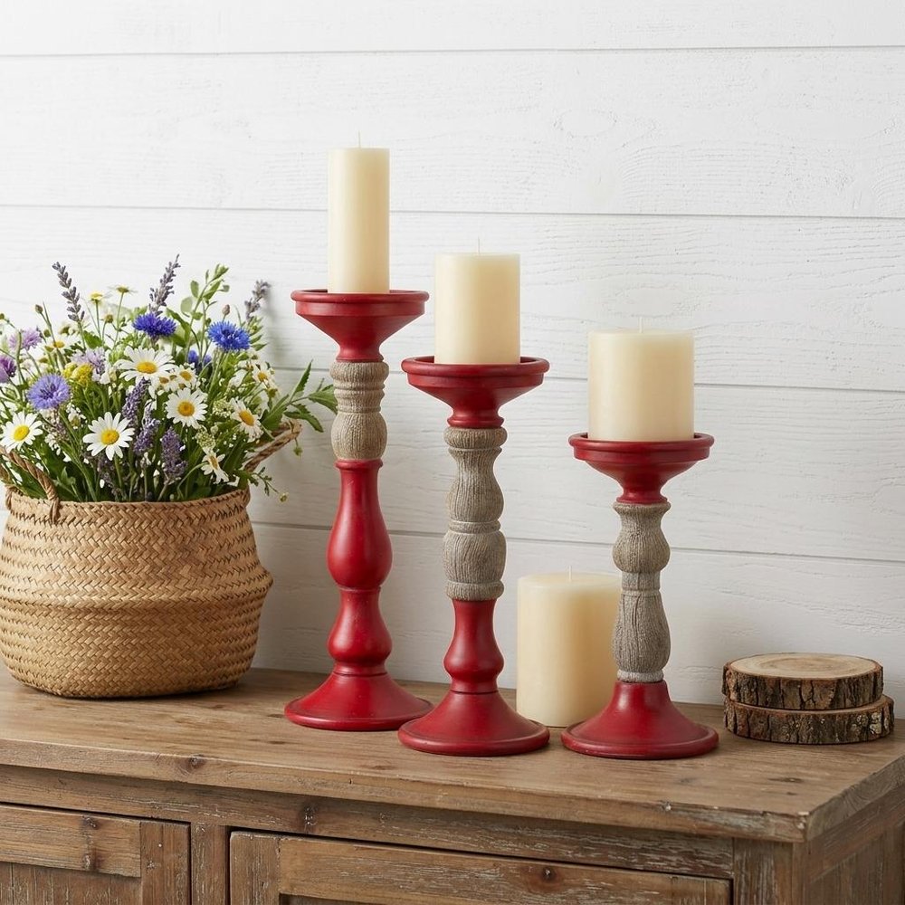 Set of Three Red And Natural Ornate Resin Tabletop Pillar Candle Holders
