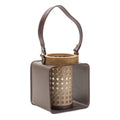 7" Natural And Brown Distressed Lattice Iron And Wood Tabletop Lantern Candle Holder