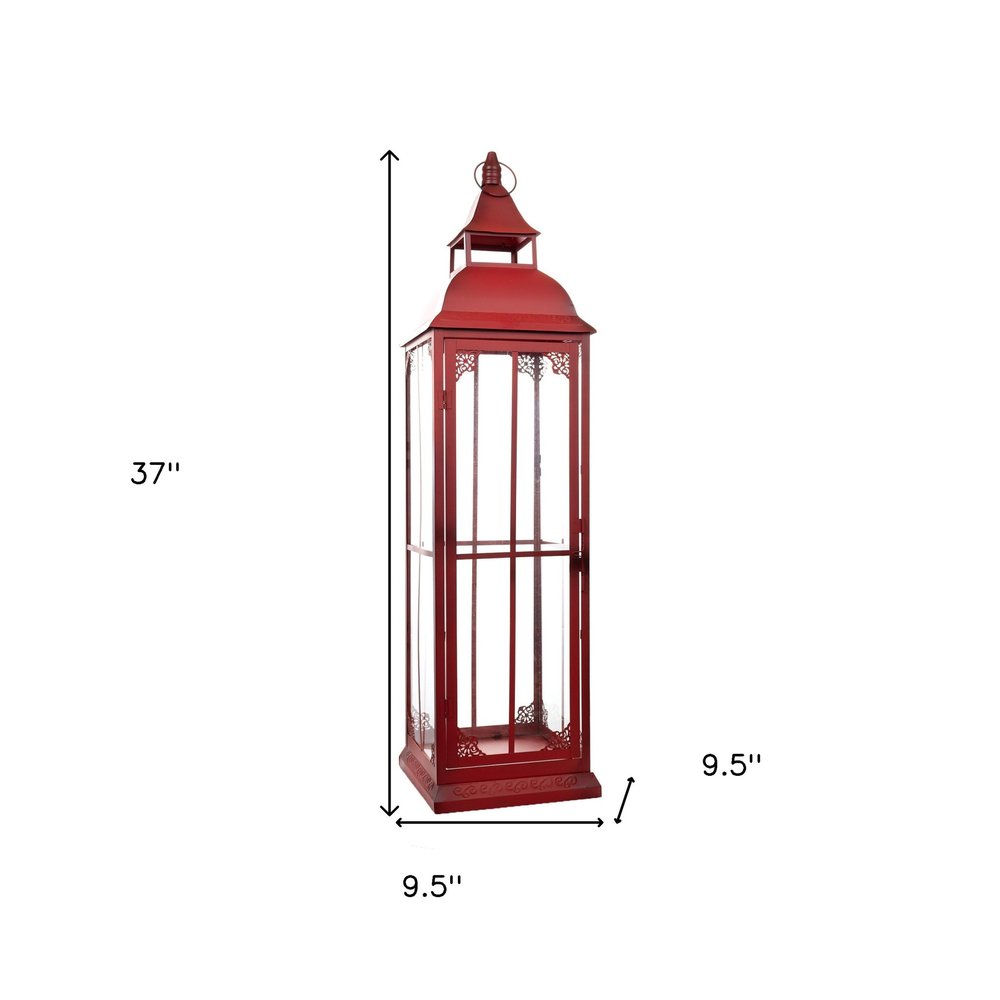 Set of Three Red Distressed Ornate Glass And Metal Floor Lantern Candle Holders
