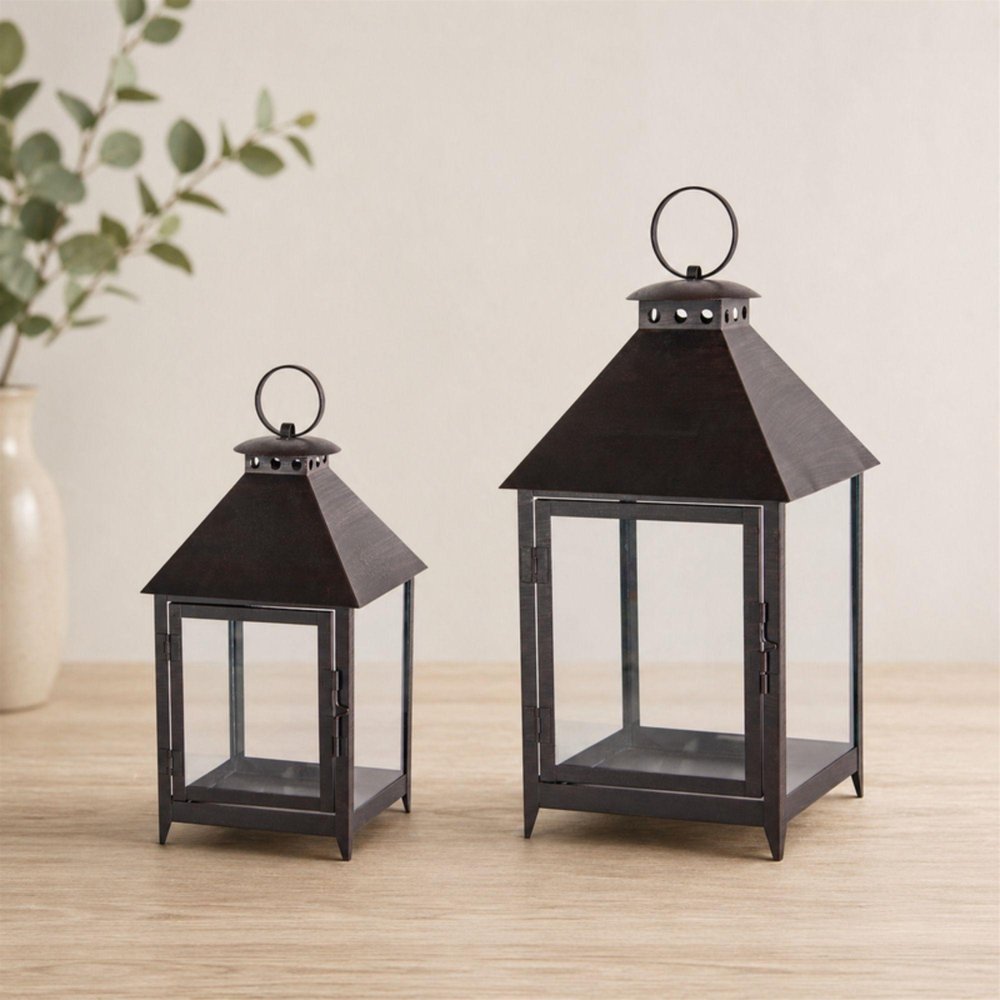 Set of Two Black Geometric Iron And Glass Floor Lantern Candle Holders