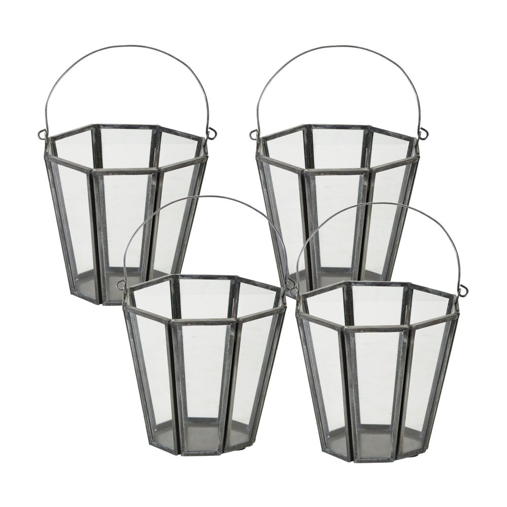 Set of Four Gray Distressed Geometric Iron And Glass Tabletop Votive Candle Holders