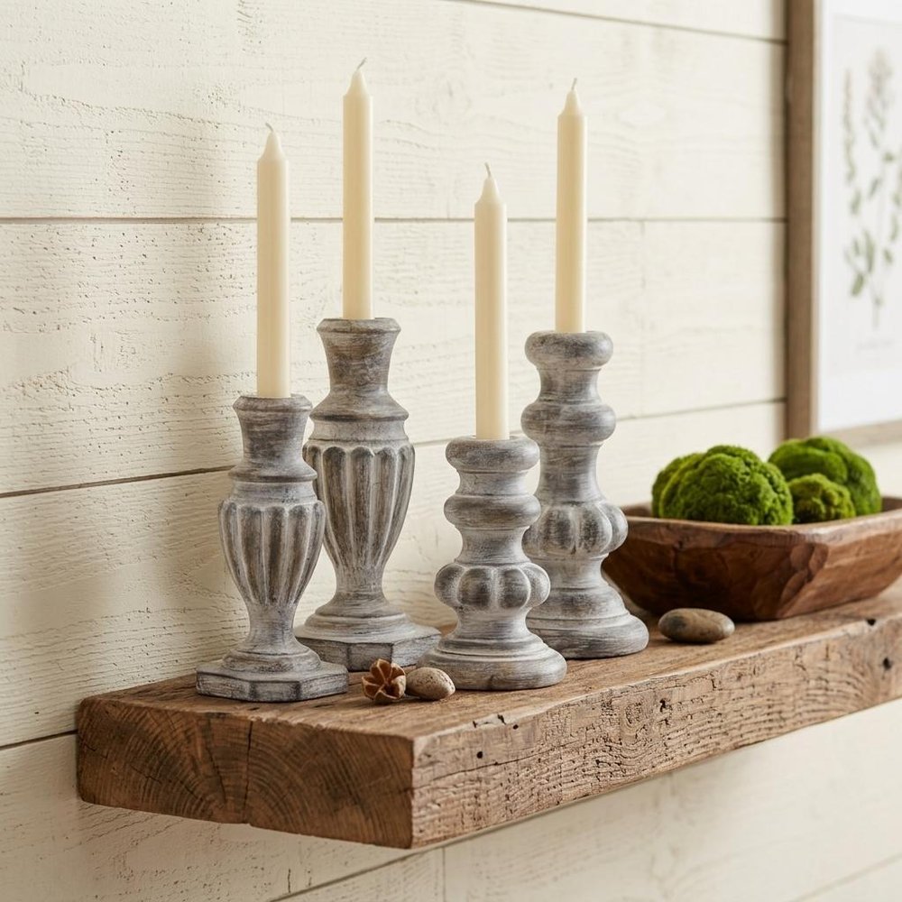 Set of Four White Washed Resin Tabletop Candle Sticks