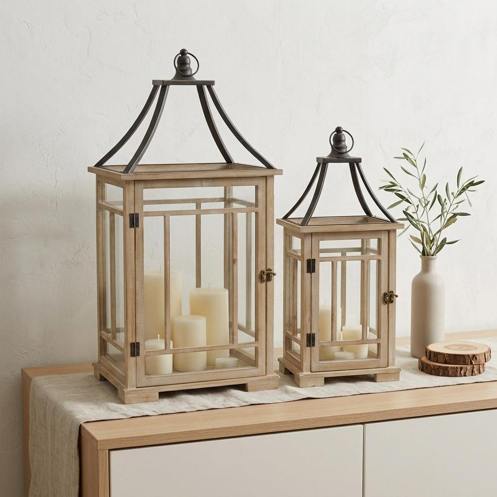 Set of Two Brown And Black Distressed Geometric Wood And Metal Tabletop Lantern Candle Holders