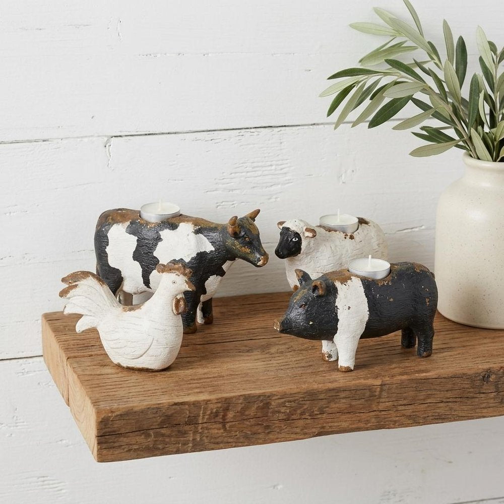 Set of Four Black and White Farm Animal Polyresin Tabletop Candleholders