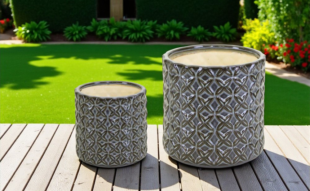 Set of Two Brown And Gray Clay 7 Ounce Geometric Round Pot Planters