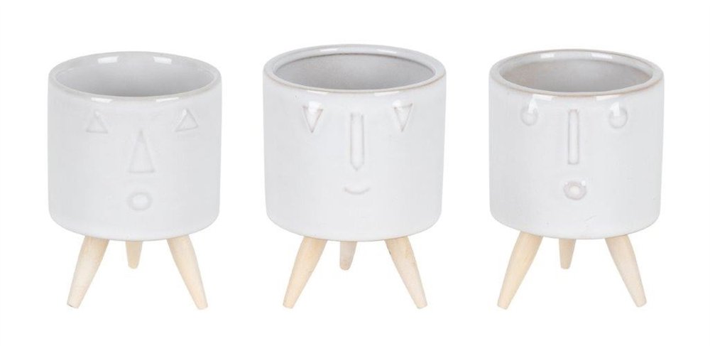 Set of Three White Porcelain 1 Ounce Round Funny Face Pot Planters With Stands