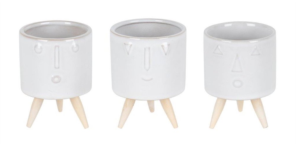 Set of Three White Porcelain 1 Ounce Round Funny Face Pot Planters With Stands