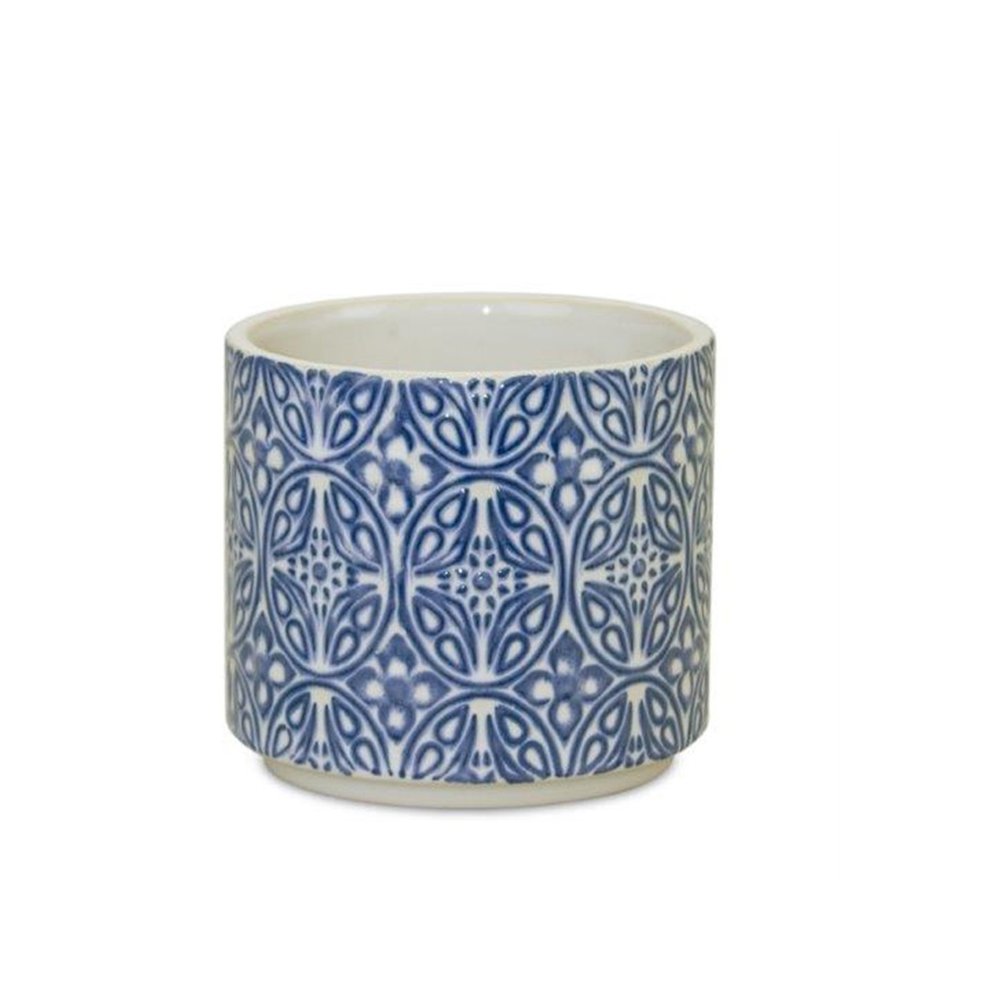 Set of Two Blue And White Ceramic Medallion 3 Ounce Round Pot Planters