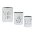 Set of Three White And Gray Metal 9 Ounce Abstract Round Distressed Pot Planters