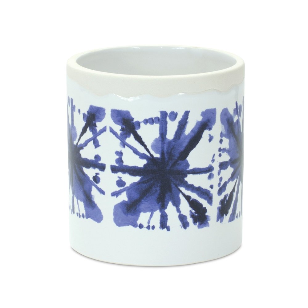 Set of Two White And Blue Ceramic 5 Ounce Abstract Round Pot Planters