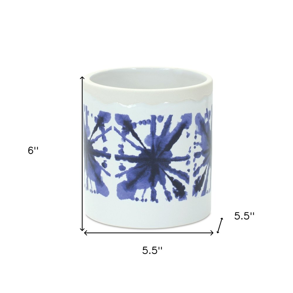 Set of Two White And Blue Ceramic 5 Ounce Abstract Round Pot Planters