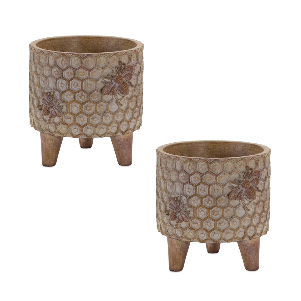 Set of Two Brown Polyresin 3 Ounce Bumble Bee Pot Planters