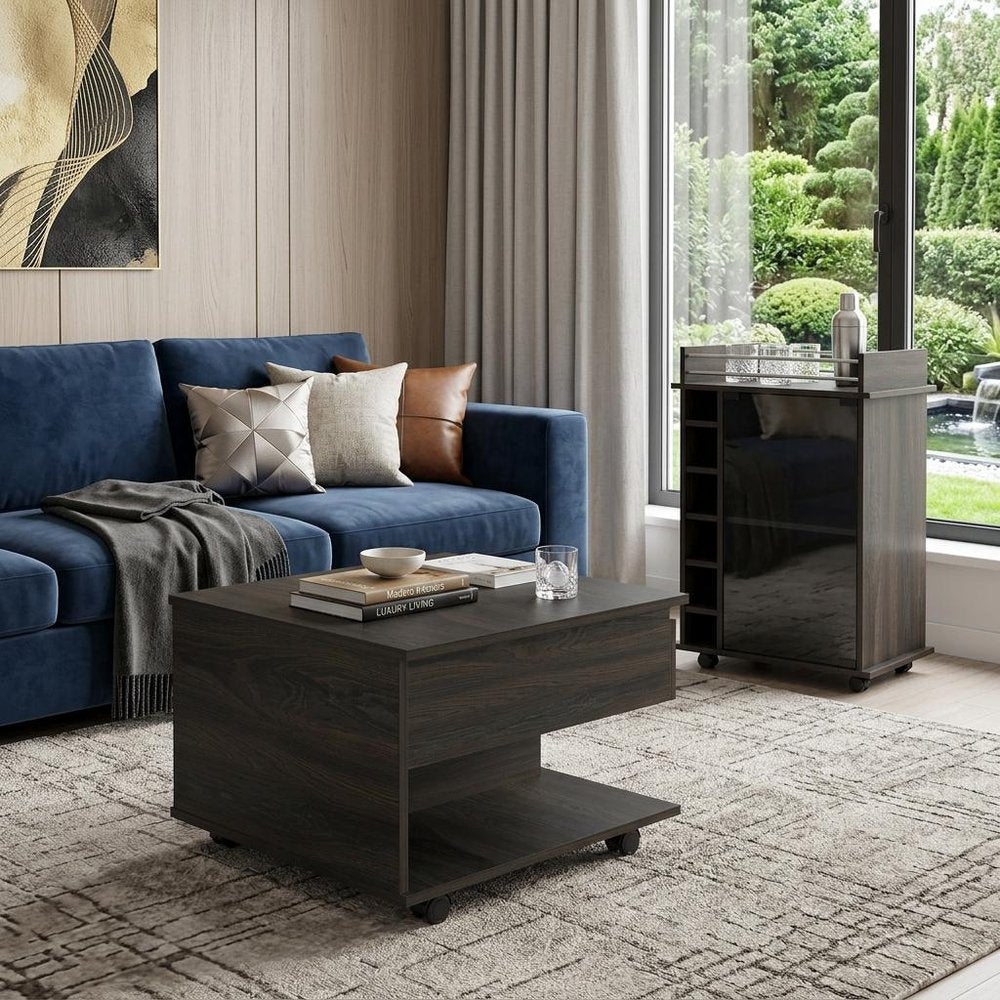 Set of Two Espresso and Black Wood Wheel Furniture Set