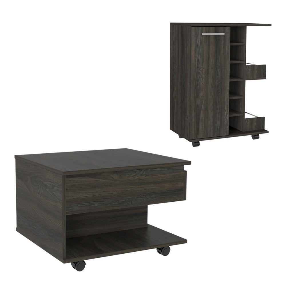 Set of Two Espresso and Black Wood Wheel Furniture Set