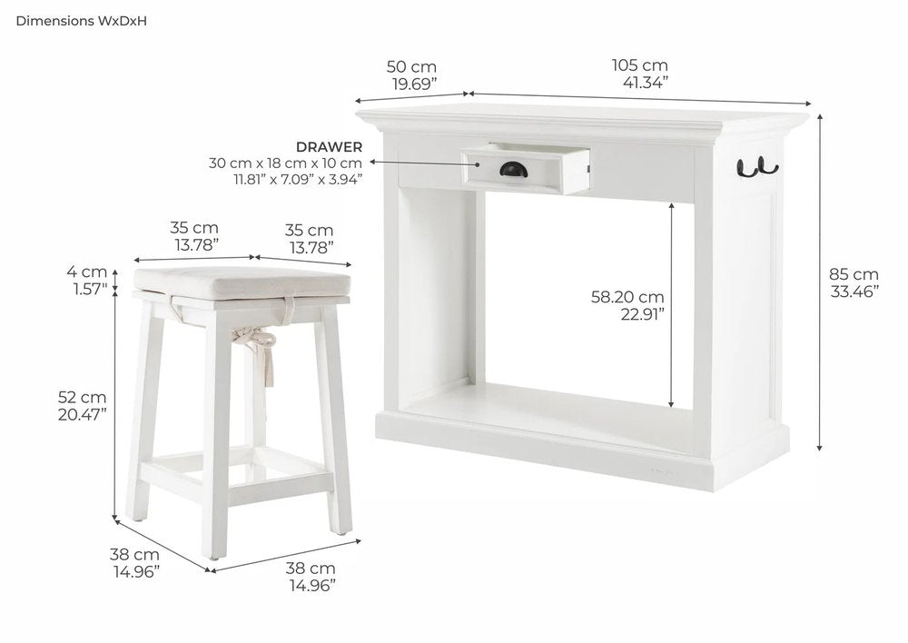 Three Piece White Solid Wood Dining Set with Two Chairs