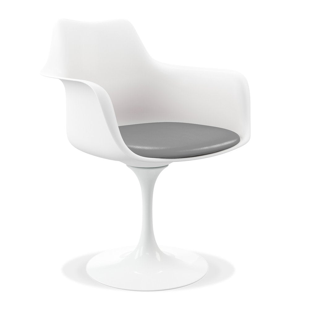White Heavy Duty Plastic Swivel Dining Arm Chair With Gray Faux Leather Cushion