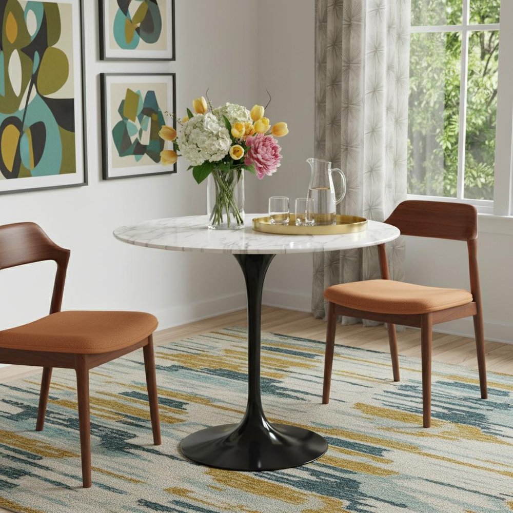 32" White And Black Marble And Metal Dining Table
