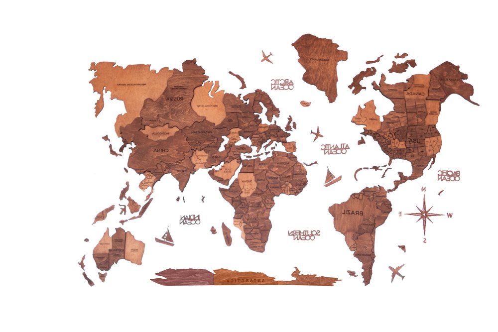 35" X 59" Brown and Tan Wood World Map Hanging Dimensional Sculpture