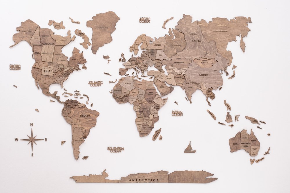 24" X 39" Wood Brown Wood World Map Hanging Dimensional Sculpture