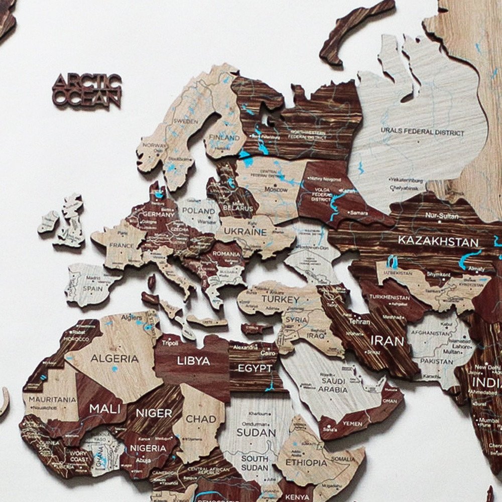 24" X 39" Brown and Beige Wood World Map Hanging Dimensional Sculpture