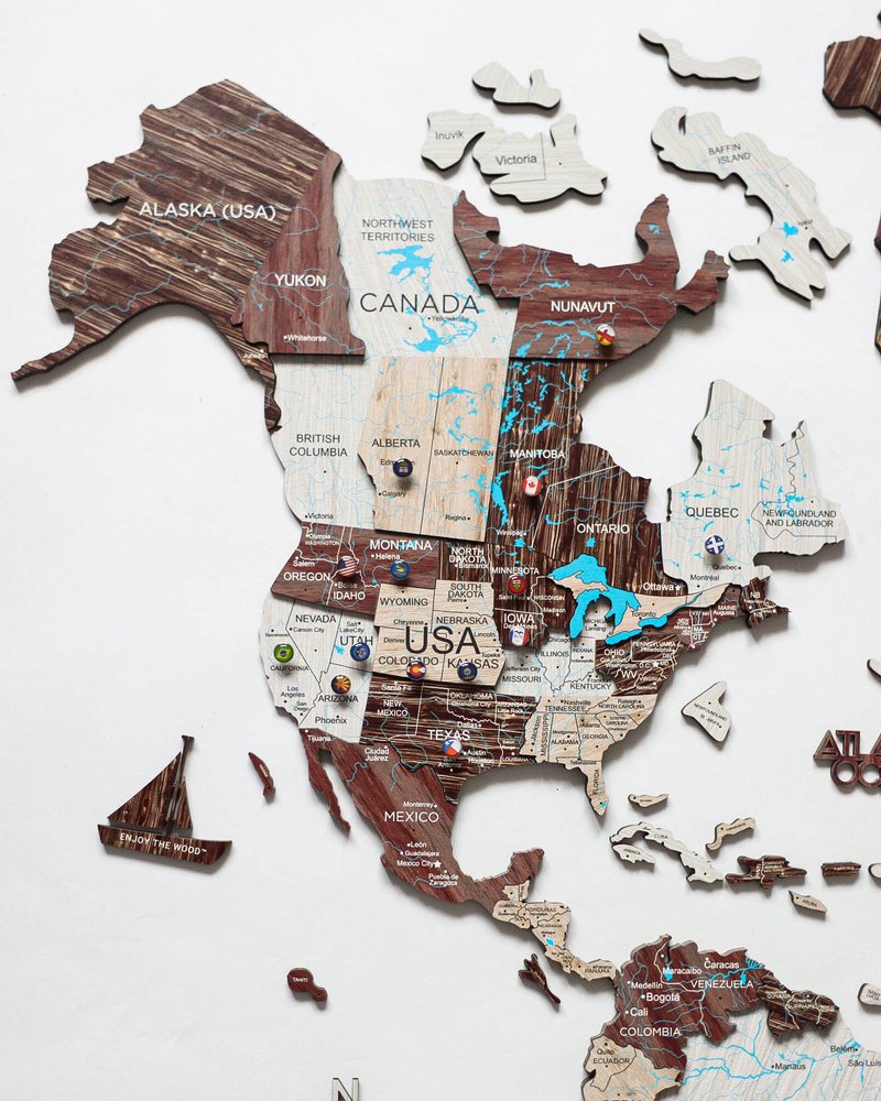 35" X 59" Brown and Beige Wood World Map Hanging Dimensional Sculpture