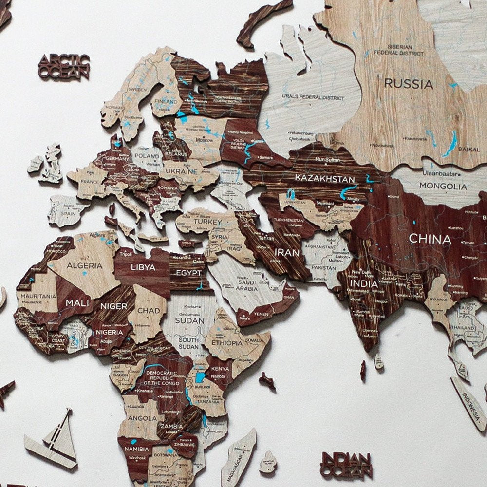 35" X 59" Brown and Beige Wood World Map Hanging Dimensional Sculpture
